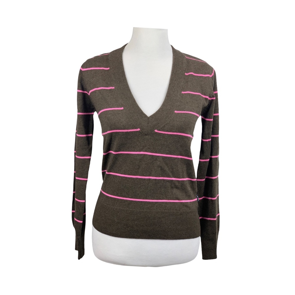 Women's V-Neck Sweater Striped Brown and Pink CASALL Size Small